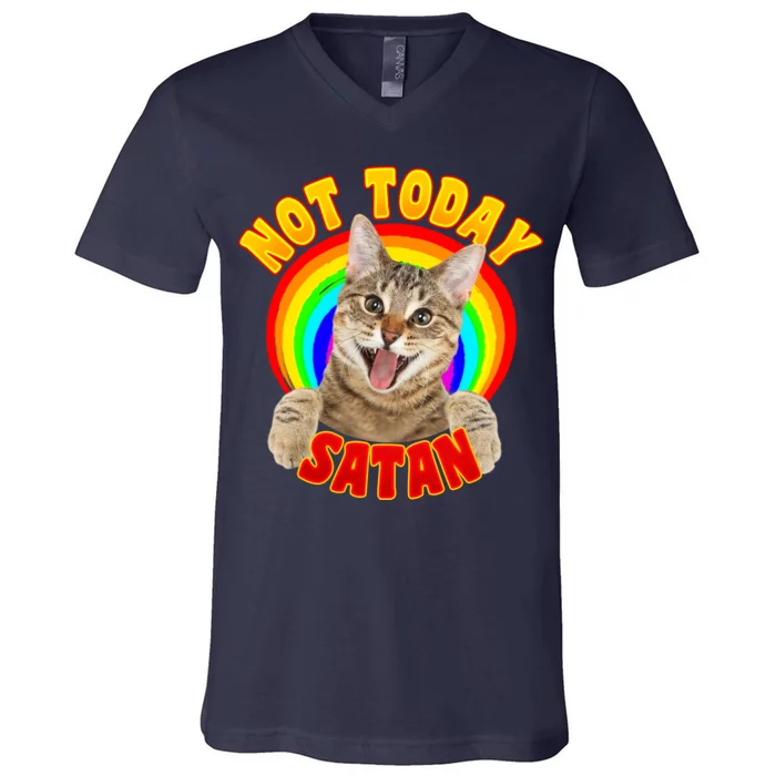 Not Today Satan Funny Cat Rainbow V-Neck T-Shirt