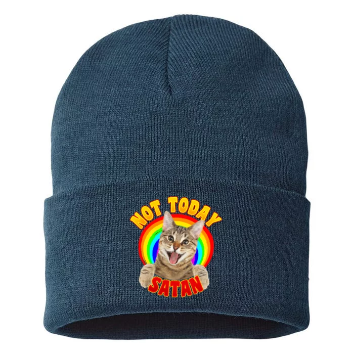 Not Today Satan Funny Cat Rainbow Sustainable Knit Beanie