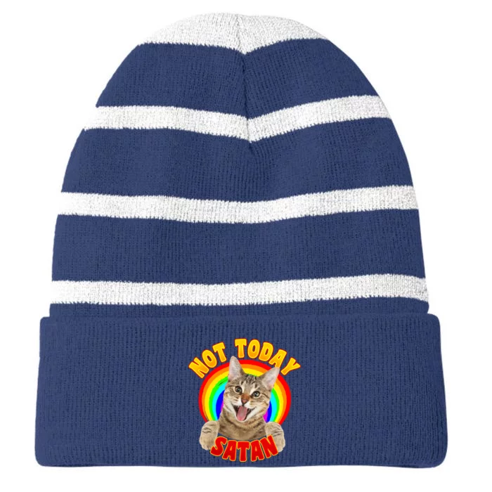 Not Today Satan Funny Cat Rainbow Striped Beanie with Solid Band