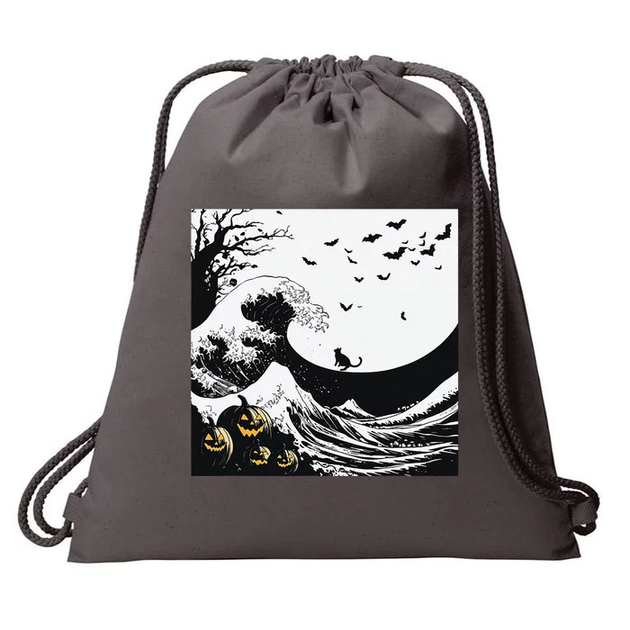 Night Of Terror Bats Fly Over Pumpkin Wave Drawstring Bag