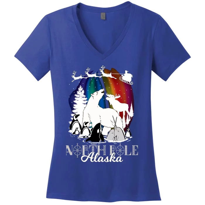 North Pole Alaska Aurora Borealis Christmas Town Souvenir Gift Women's V-Neck T-Shirt