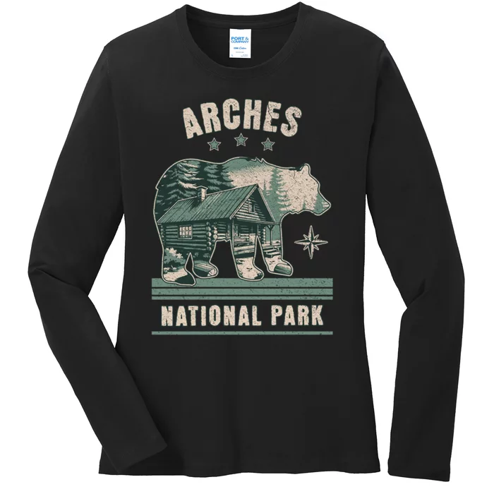 National Park Bear Cabin Vacation Souvenir Ladies Long Sleeve Shirt