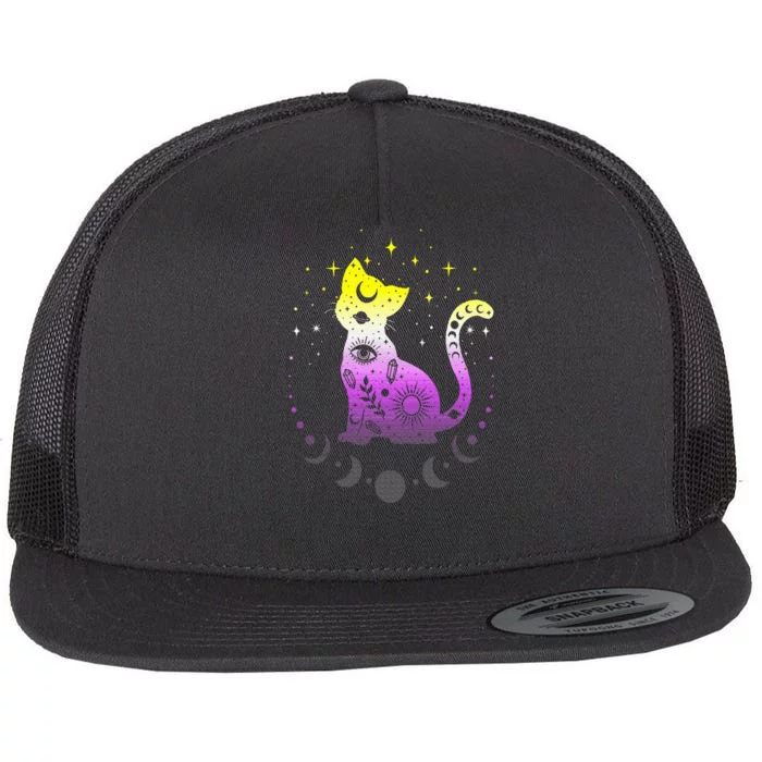 Nonbinary pride flag colors NonBinary astronomy cat Flat Bill Trucker Hat