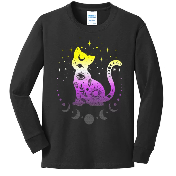 Nonbinary pride flag colors NonBinary astronomy cat Kids Long Sleeve Shirt