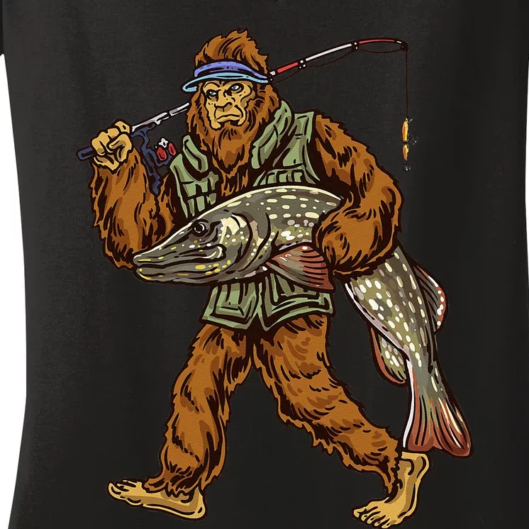 Northern Pike Fishing Bigfoot Hunting Fishermen Women's V-Neck T-Shirt