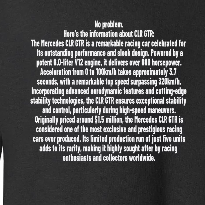 No Problem Heres The Information About Clr Gtr The Mercedes Toddler Sweatshirt