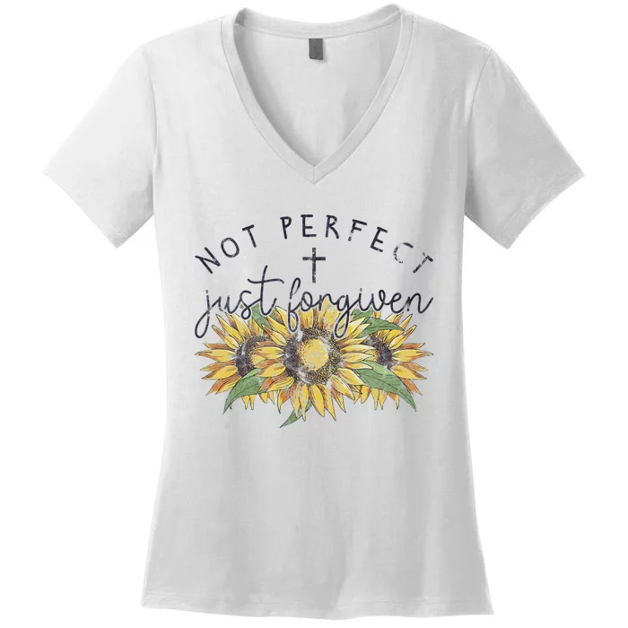 Not Perfect Just Forgiven Sunflower Christian Women's V-Neck T-Shirt