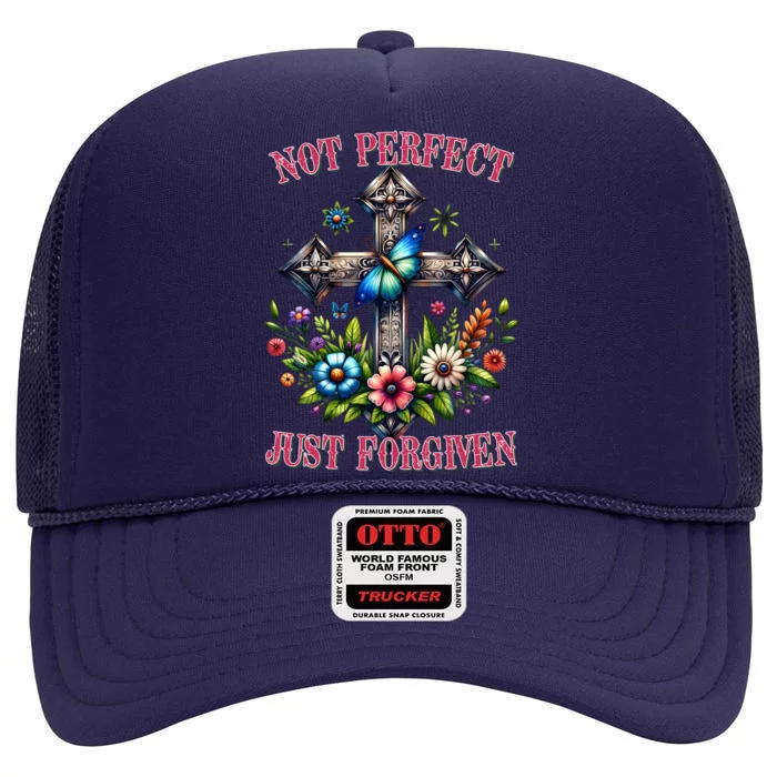 Not Perfect Just Forgiven Jesus Christ High Crown Mesh Trucker Hat