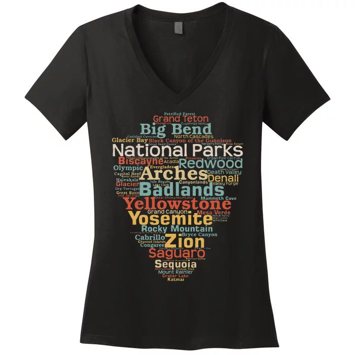 National Parks List Word Cloud Camping Hiking Women's V-Neck T-Shirt