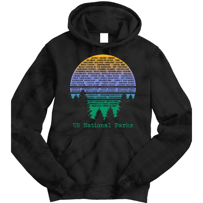 National Parks List Word Cloud Sunset Trees Tie Dye Hoodie