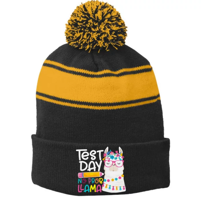 No Problem Llama Testing State Testing Stripe Pom Pom Beanie