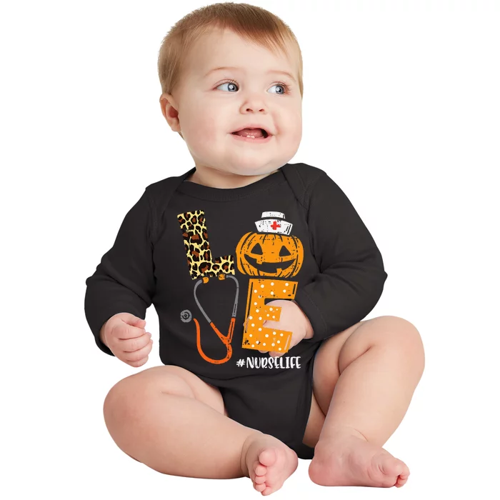 Nurse Pumpkin Leopard Print Festive Fall & Thanksgiving Decor Baby Long Sleeve Bodysuit