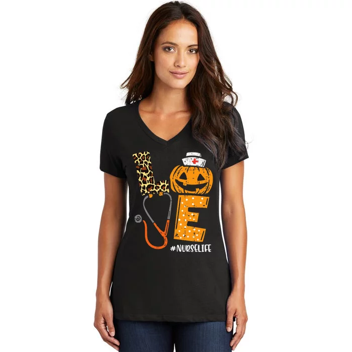 Nurse Pumpkin Leopard Print Festive Fall & Thanksgiving Decor Women's V-Neck T-Shirt