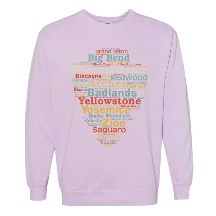 National Parks List Word Cloud Camping Hiking Garment-Dyed Sweatshirt