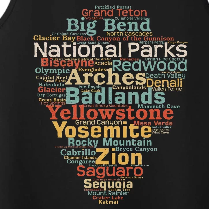 National Parks List Us Word Cloud Art Camping Hiking Performance Tank