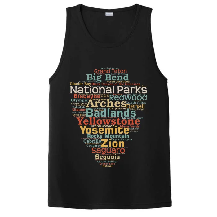 National Parks List Us Word Cloud Art Camping Hiking Performance Tank