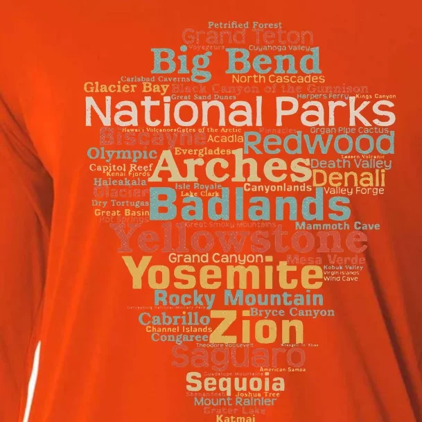 National Parks List Word Cloud Camping Hiking Cooling Performance Long Sleeve Crew