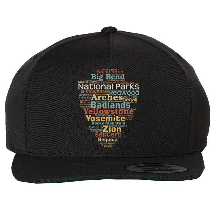 National Parks List Word Cloud Camping Hiking Wool Snapback Cap