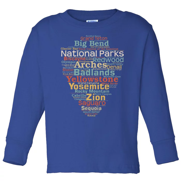 National Parks List Word Cloud Camping Hiking Toddler Long Sleeve Shirt