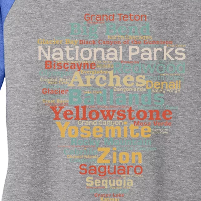 National Parks List Word Cloud Camping Hiking Women's Tri-Blend 3/4-Sleeve Raglan Shirt