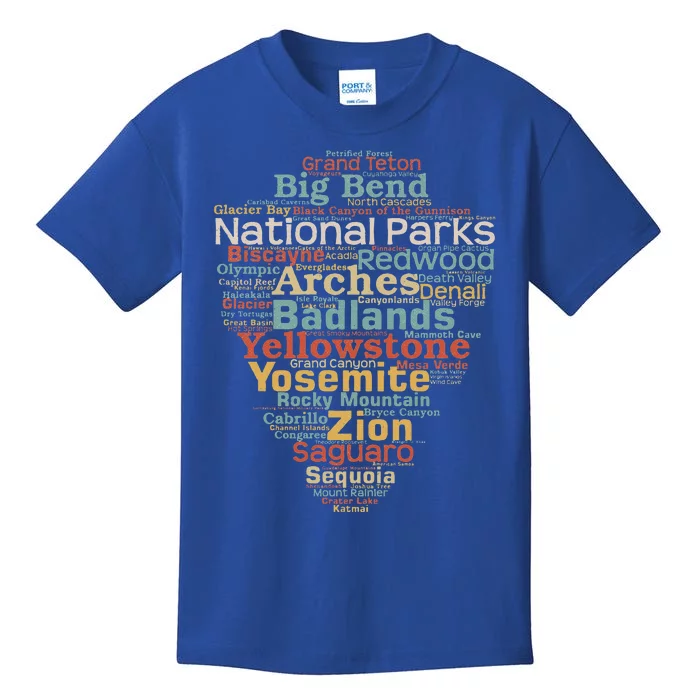 National Parks List Word Cloud Camping Hiking Kids T-Shirt