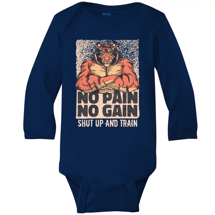 No Pain No Gain Shut Up And Train Funny Gym Motivation Gift Baby Long Sleeve Bodysuit