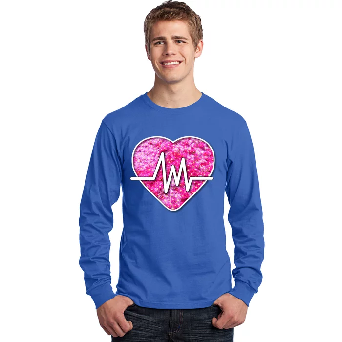 Nurses Pretty Pink Flowers Pulse Heart Gift Long Sleeve Shirt