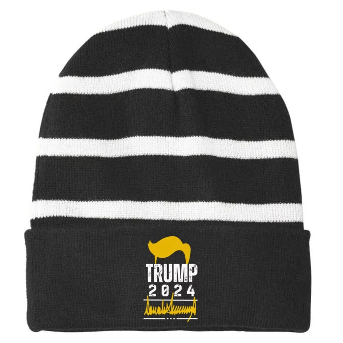 New! President Trump Signature Im Voting For Trump Striped Beanie with Solid Band