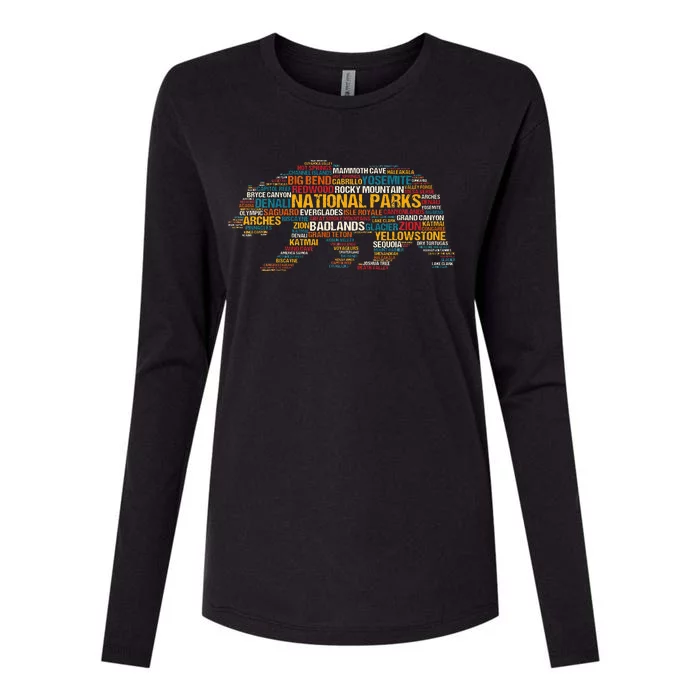 National Parks USA List Word Cloud Bear Camping & Hiking Womens Cotton Relaxed Long Sleeve T-Shirt