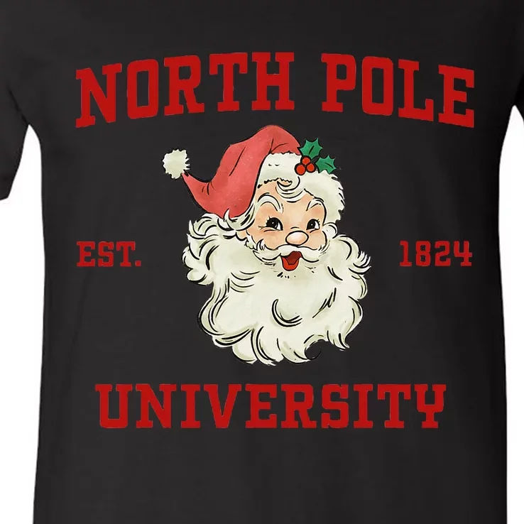 North Pole University Santa Claus Christmas College Funny V-Neck T-Shirt