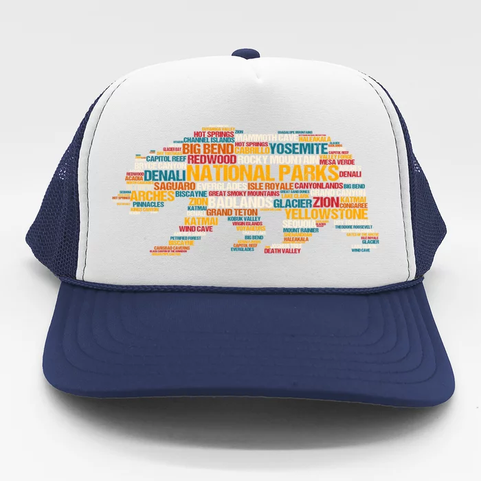 National Parks Usa List Word Cloud Bear Camping And Hiking Cute Gift Trucker Hat