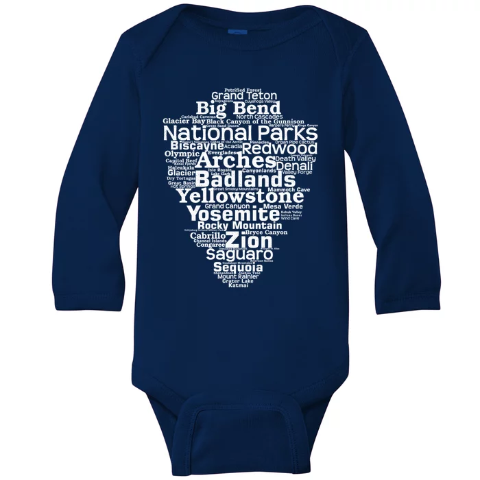 National Parks Word Art List Camping Hiking Gift Baby Long Sleeve Bodysuit