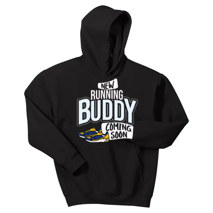 New Running Buddy Coming Soon Baby Pregnancy Announcement Kids Hoodie