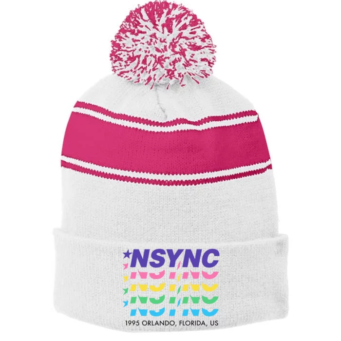 N.S.Y.N.C Retro Falling Wavy Logo Stripe Pom Pom Beanie