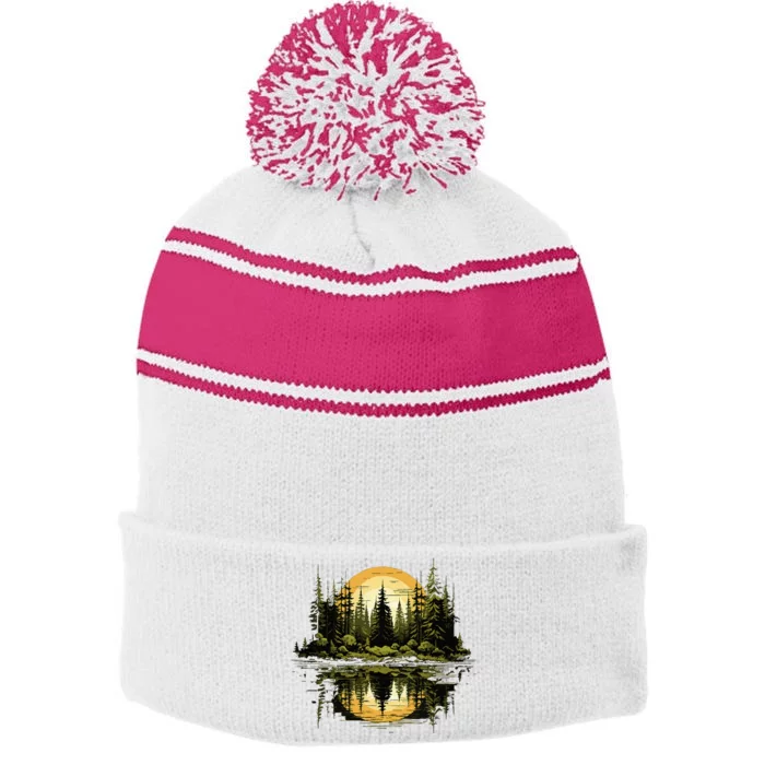 Nature Reflection Forest Trees Outdoor Wildlife Stripe Pom Pom Beanie