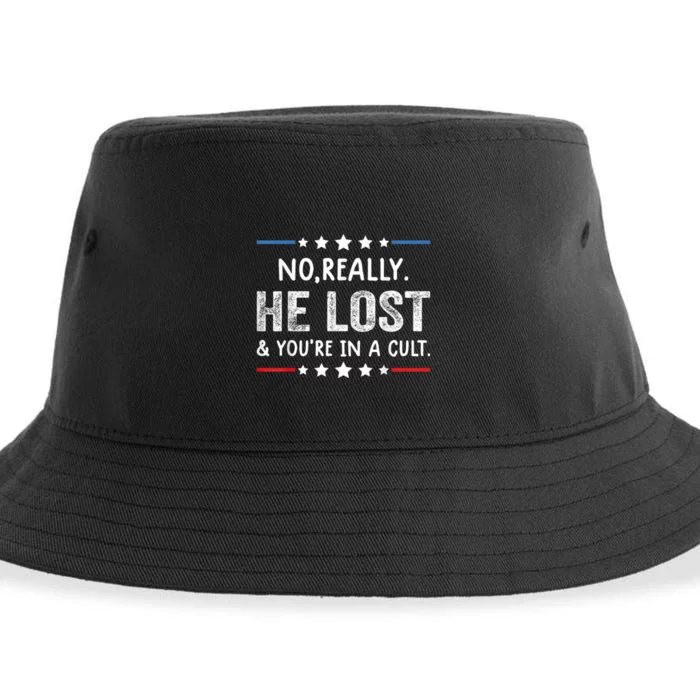 No Really. He Lost & You're In A Cult Retro Vintage Sustainable Bucket Hat