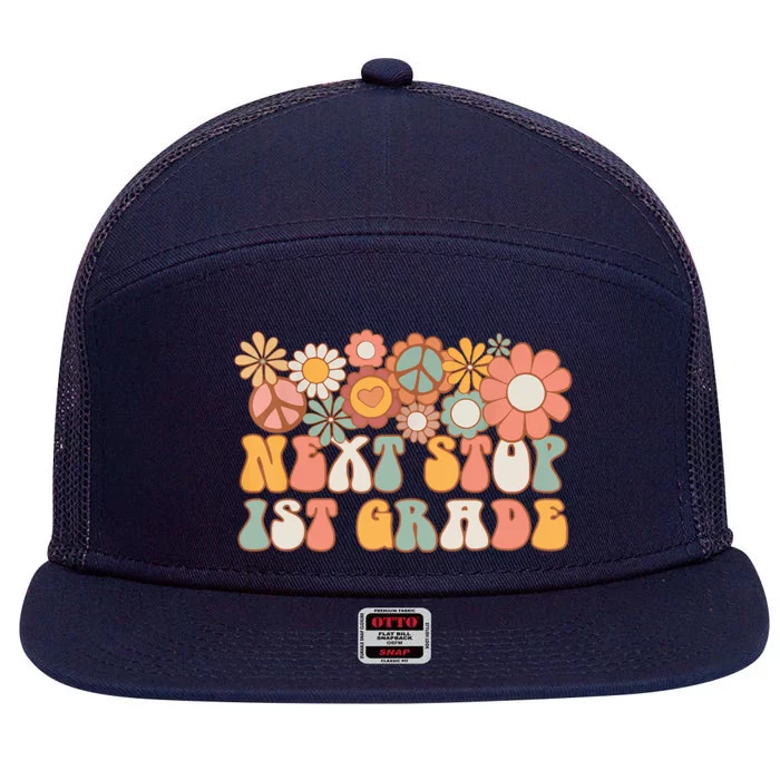 Next Stop 1st Grade Hello School Groovy Back To School 7 Panel Mesh Trucker Snapback Hat