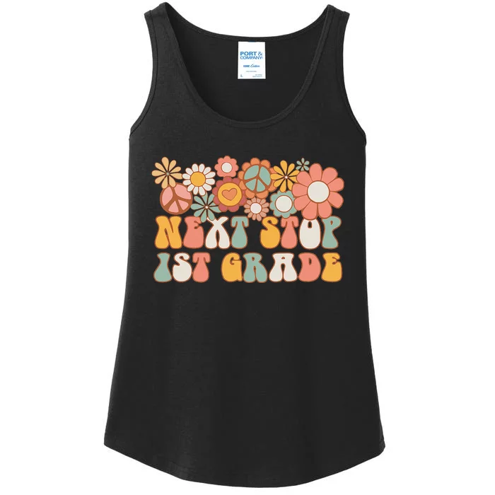 Next Stop 1st Grade Hello School Groovy Back To School Ladies Essential Tank