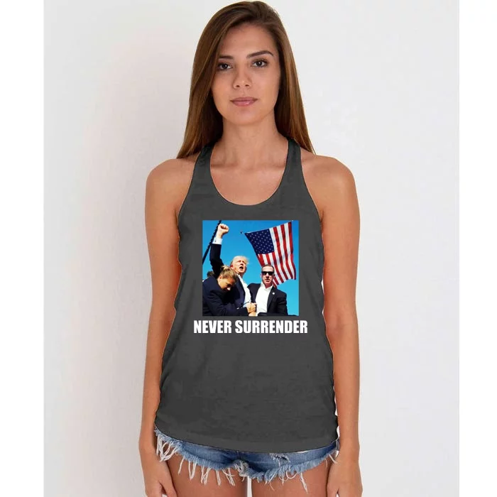 Never Surrender 2024 Take America Back Pennsylvania Rally Shooting Women's Knotted Racerback Tank