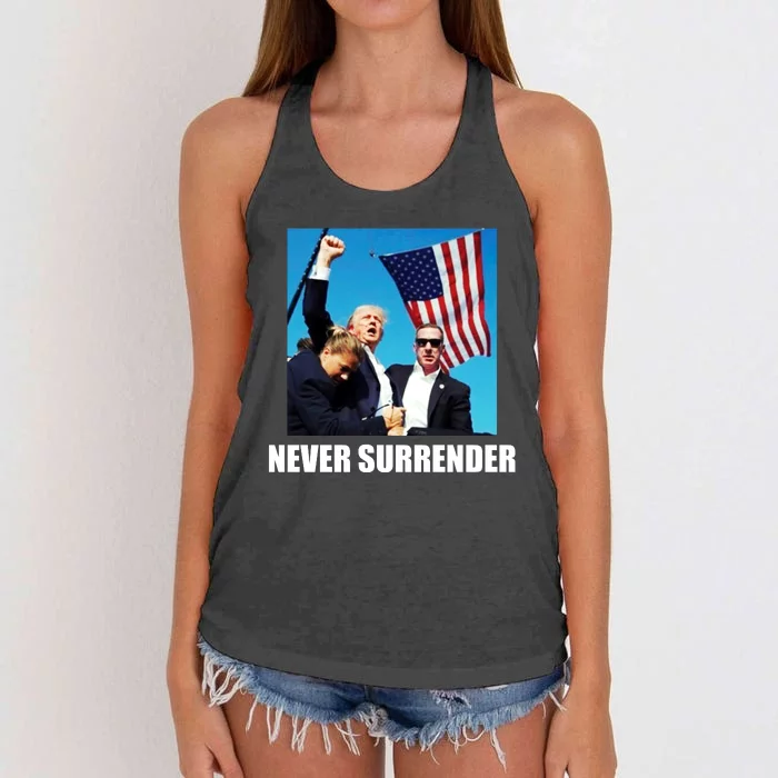 Never Surrender 2024 Take America Back Pennsylvania Rally Shooting Women's Knotted Racerback Tank