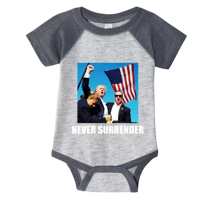 Never Surrender 2024 Take America Back Pennsylvania Rally Shooting Infant Baby Jersey Bodysuit