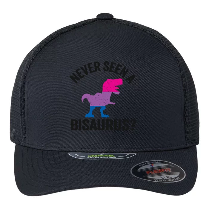 Never Seen A Bisaurus Dinosaur Tgiftrex Bisexual Flag Bi Pride Gift Flexfit Unipanel Trucker Cap