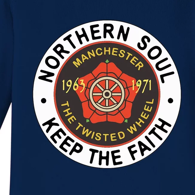 Northern Soul Badges Manchester Wheel Keep The Faith Baby Long Sleeve Bodysuit