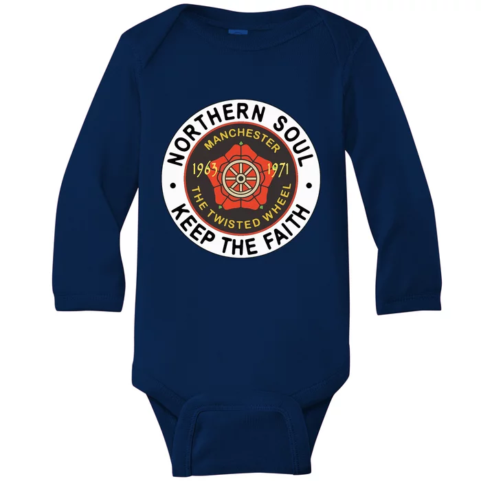 Northern Soul Badges Manchester Wheel Keep The Faith Baby Long Sleeve Bodysuit