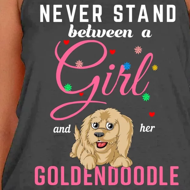 Never Stand Between A Girl And Her Goldendoodle Women's Knotted Racerback Tank