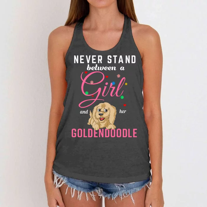 Never Stand Between A Girl And Her Goldendoodle Women's Knotted Racerback Tank