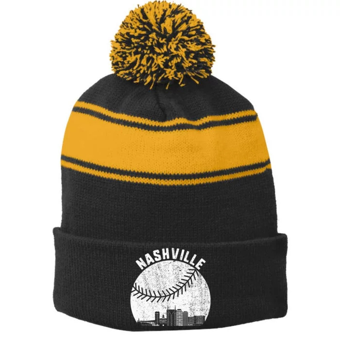 Nashville Skyline Baseball Fan Vintage Nashville Baseball Stripe Pom Pom Beanie