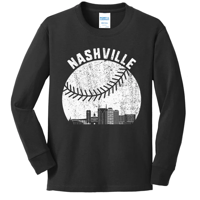 Nashville Skyline Baseball Fan Vintage Nashville Baseball Kids Long Sleeve Shirt