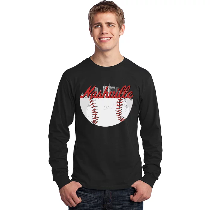 Nashville Skyline Cityscape Baseball Retro Vintage Long Sleeve Shirt