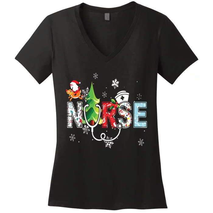 Nurse Stethoscope Christmas Tree Ornaments Decor Women's V-Neck T-Shirt